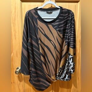Lily by Firmiana Top Tunic Shirt Animal Print Black Brown Twist Hem women’s XL